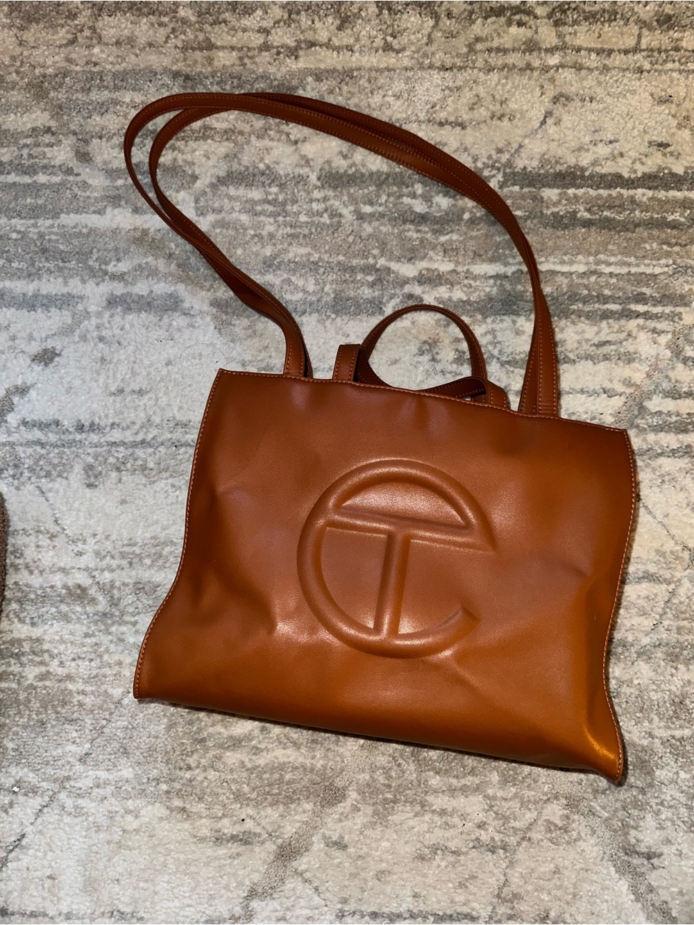 Telfar Cognac Brown Embossed Leather Shoulder Bag. Medium sized original Telfar.